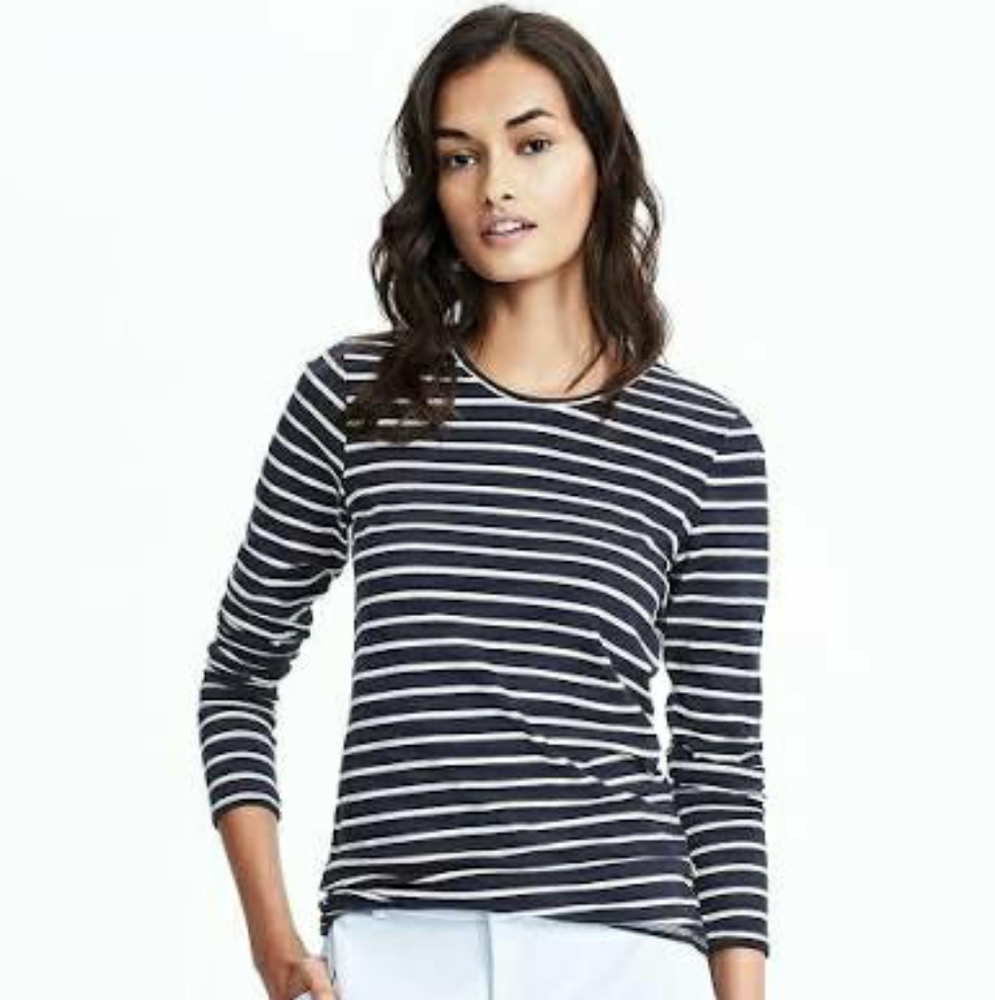 Banana Republic Navy and White Striped Long Sleeve Tee